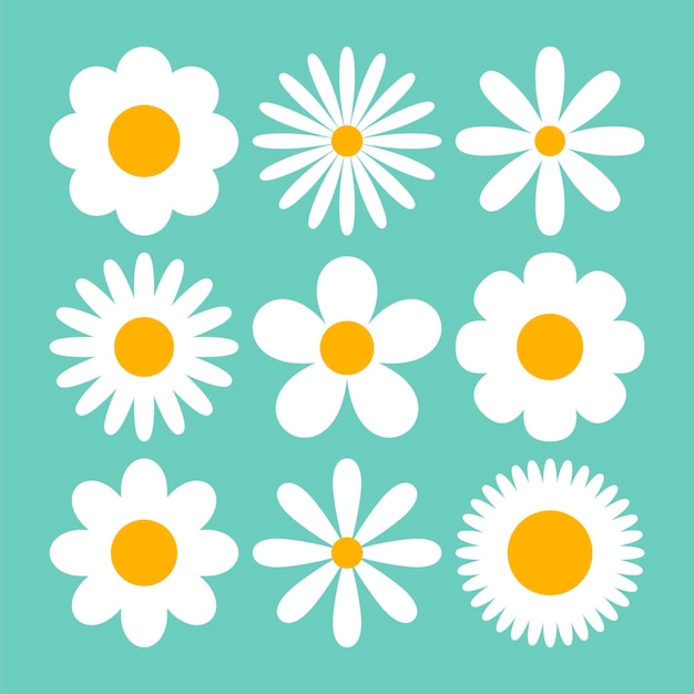 Free vector various white daises on blue background cartoon illustration set. camomiles or chamomiles with different petals. seamless floral pattern. blossom, spring flowers, summer concept