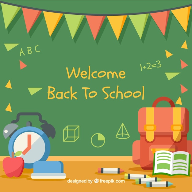 Free vector alarm clock and backpack with material and blackboard