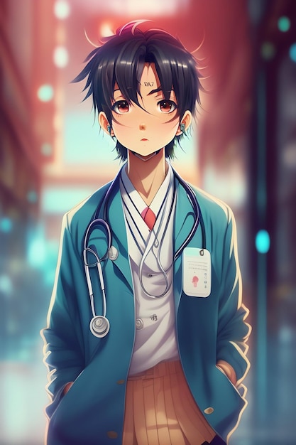 Photo anime boy with a stethoscope on his neck