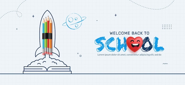 Vector back to school background with pencil rocket launching from notebook, online learning concept