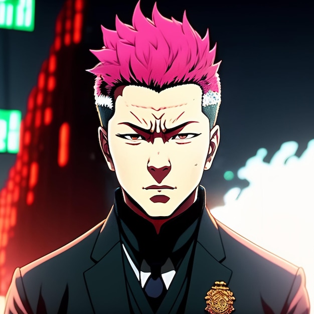 Photo a cartoon image of a man with pink hair and a black suit.