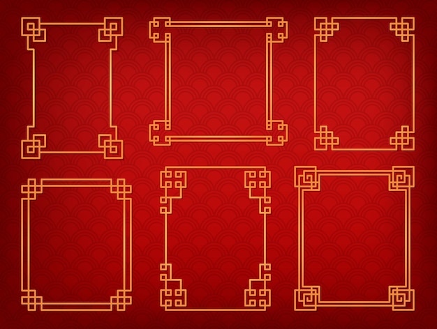 Free vector chinese frame or border set on red background. traditional asian ornaments, golden oriental pattern. vector elements for banner or card decoration, linear mockup for text.
