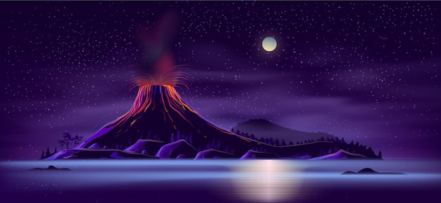 Free vector deserted island with active volcano cartoon