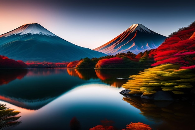 Free photo a digital painting of a mountain with a colorful tree in the foreground