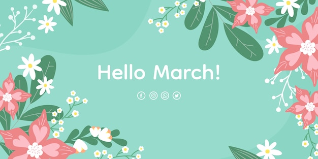 Free vector flat hello march horizontal banner and background