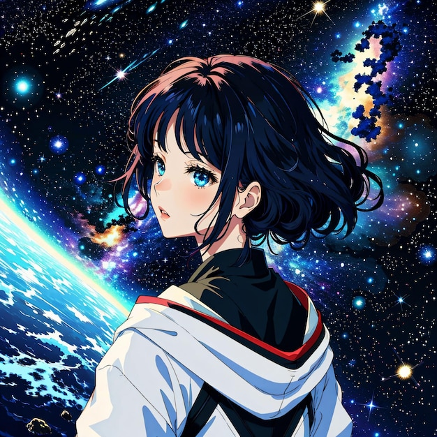 A girl in a space suit with a planet in the background