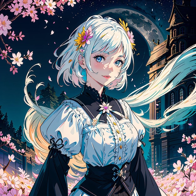 A girl with white hair and a black dress with flowers on the bottom.