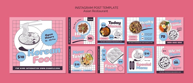 Free PSD hand drawn asian restaurant instagram posts