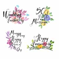 Free vector happy anniversary  logo collection with watercolor floral