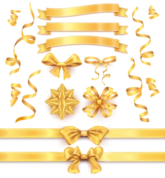 Free vector holiday collection of realistic gold ribbons and bows for gift decoration isolated vector illustration