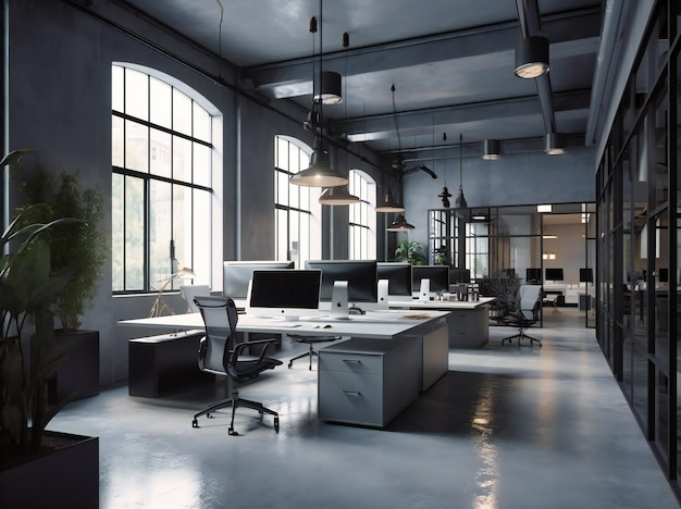 Photo an industrial style office with white desks and glass offices