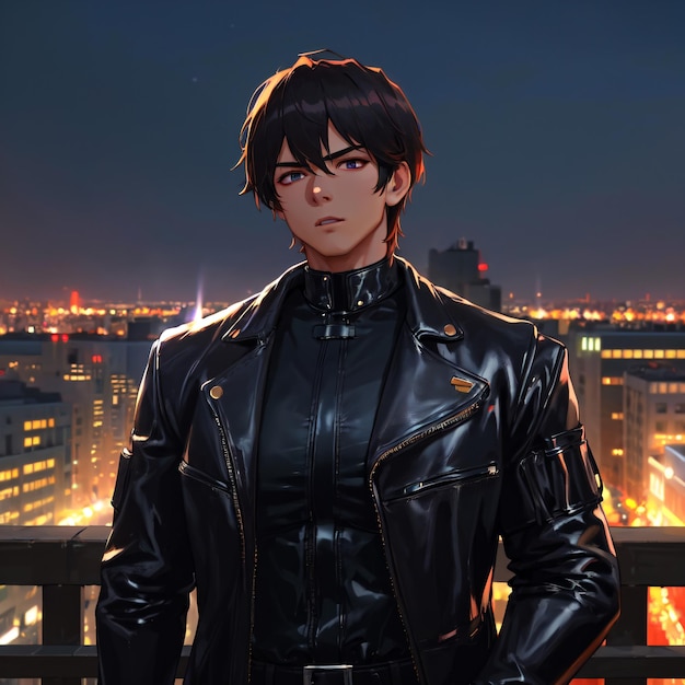 Photo a man in a black leather jacket stands on a balcony with a city in the background.