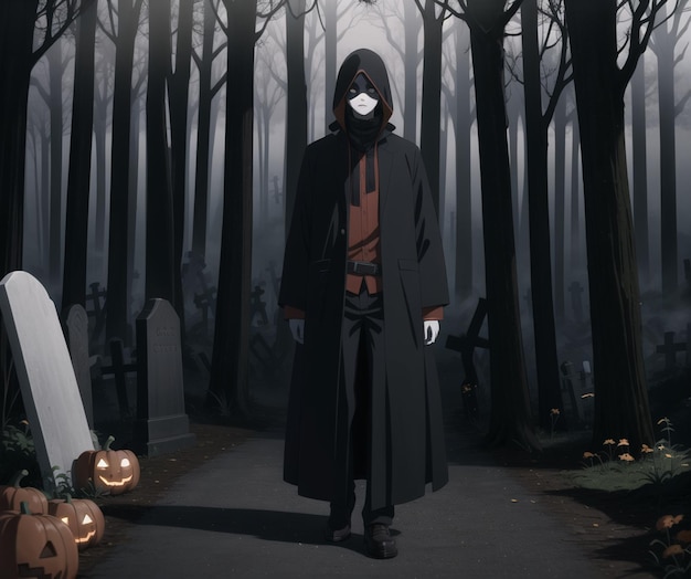 Photo a man in a mask and a halloween costume stands in a cemetery.