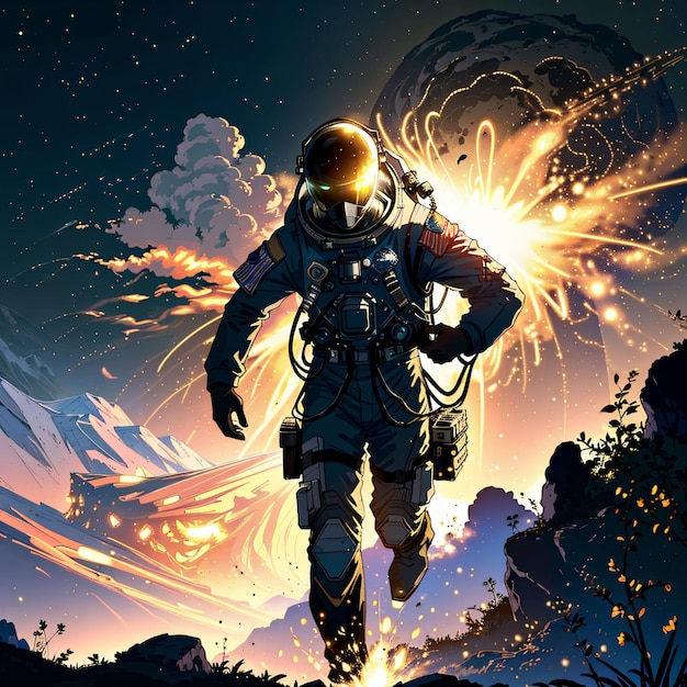 Photo a man in a space suit with a planet in the background.