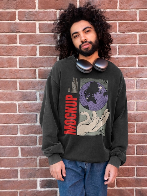 PSD man wearing urban style sweatshirt outdoors