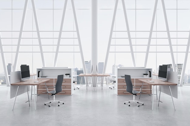Photo modern sunny spacious office with white style interior design divided workspaces concrete floor and city view from glassy wall window 3d rendering