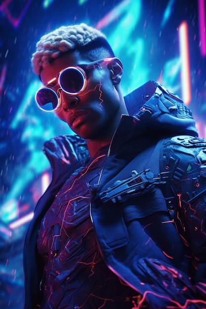 A neon man a neon jacket cyberpunk man