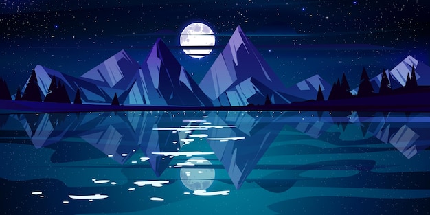 Free vector night landscape with lake, mountains and trees on coast. vector cartoon illustration of nature scene with coniferous forest on river shore, rocks, moon and stars in dark sky