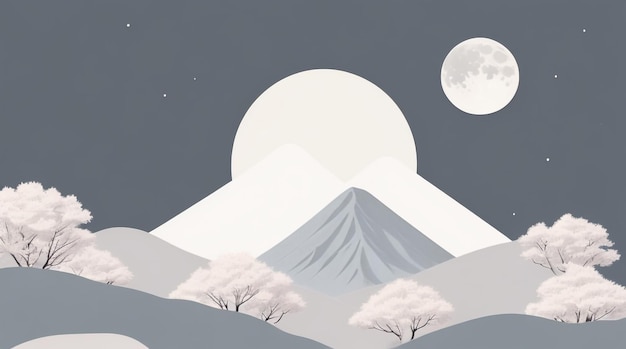 Photo nocturnal majesty drawing of a night landscape with mountain and moon in tranquil reverie