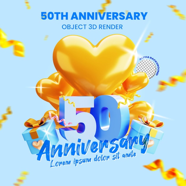 PSD number 50th anniversary 3d rendered object with heart balloons and gift box