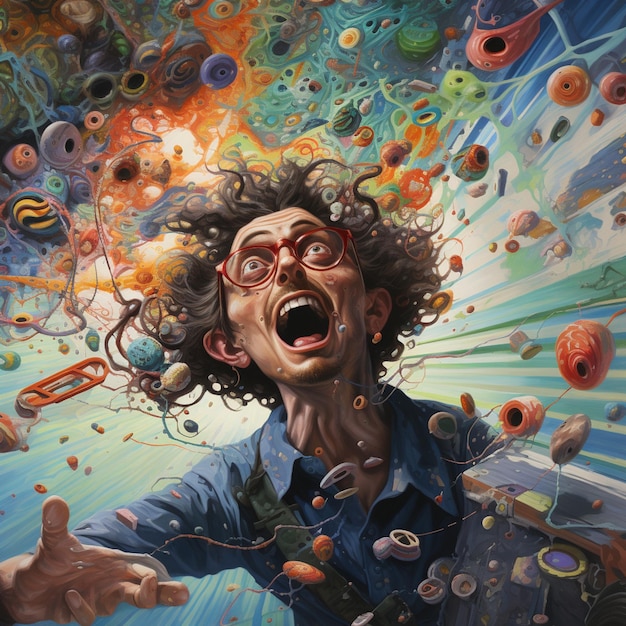 Painting of a man with a crazy expression on his face surrounded by many objects generative ai
