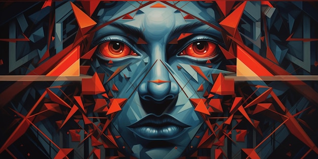 Painting of a woman with red eyes and a geometric pattern generative ai
