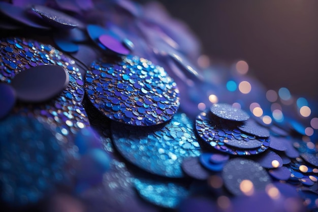 Sequins close up macro Abstract background with blue sequins and lilac color