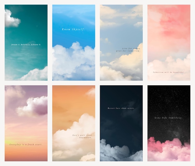 Free PSD sky and clouds psd mobile wallpaper template with inspiring quote set
