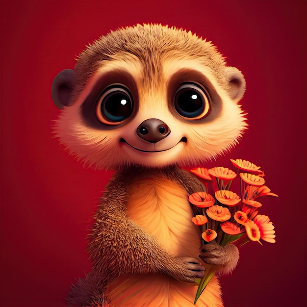 Smiling cute meerkat holding bouquet in colorful flower isolate warm background