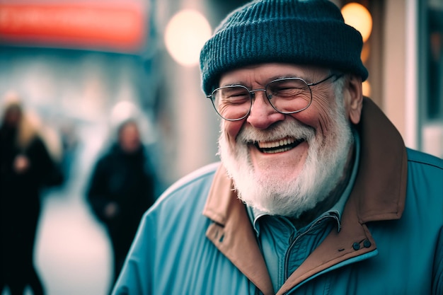 Photo smiling old man with a beard in glasses and a cap on the street