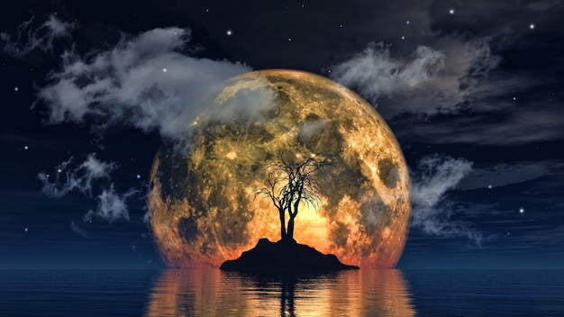 Free photo spooky tree against a big moon