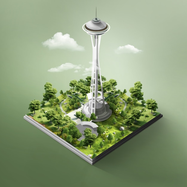 View of isometric space needle from seattle city usa