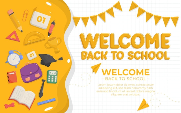 Vector welcome back to school landscape banner with school supplies elements