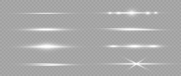 Vector white horizontal lens flares pack. laser beams, horizontal light rays. light flares. glowing streaks on light background. luminous abstract sparkling lined background.